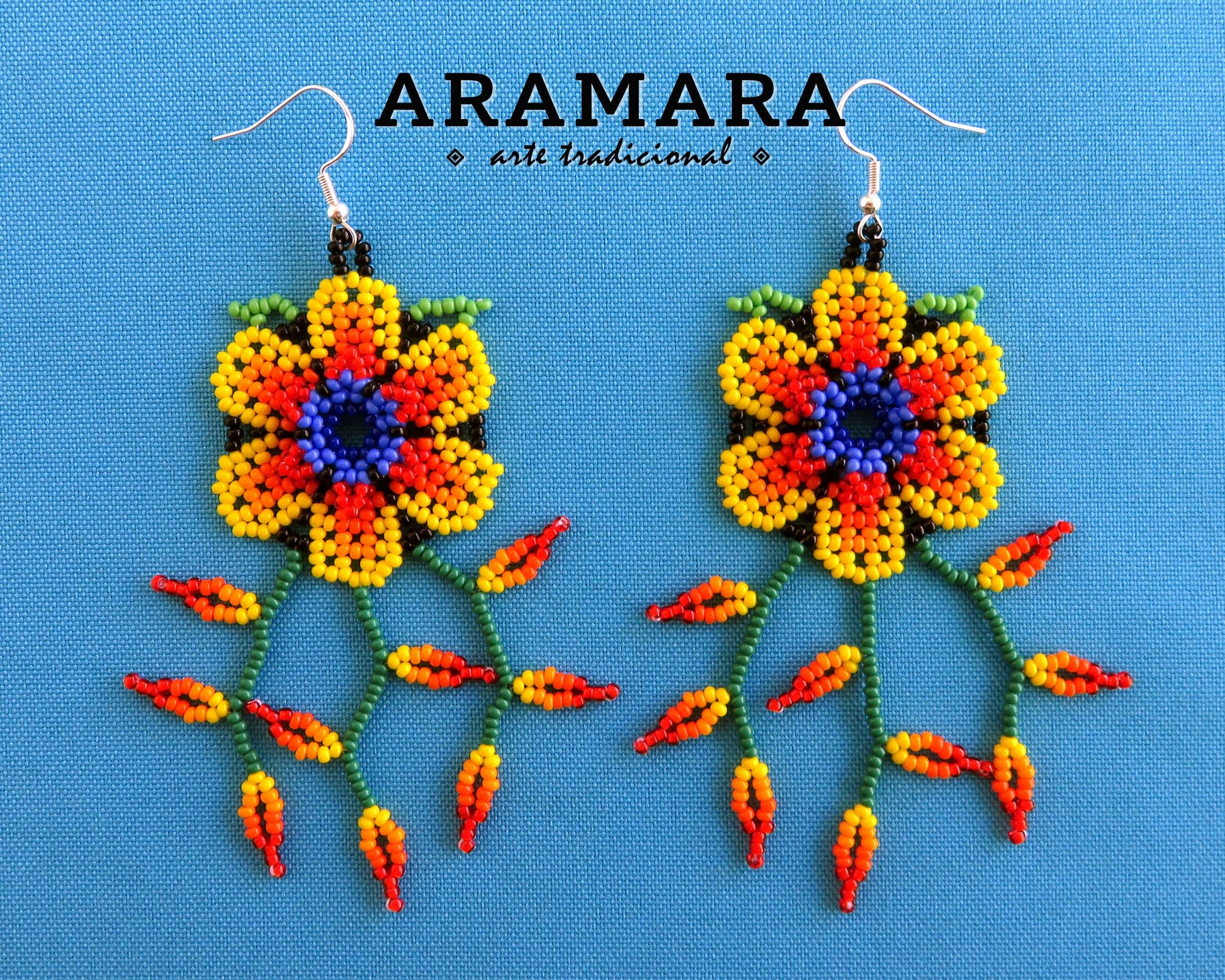 Flower Earrings, Beaded Flower, Mexican folk art, Native american earrings, Mexican Jewelry, Mexican earrings, Huichol Earrings, AF-0943