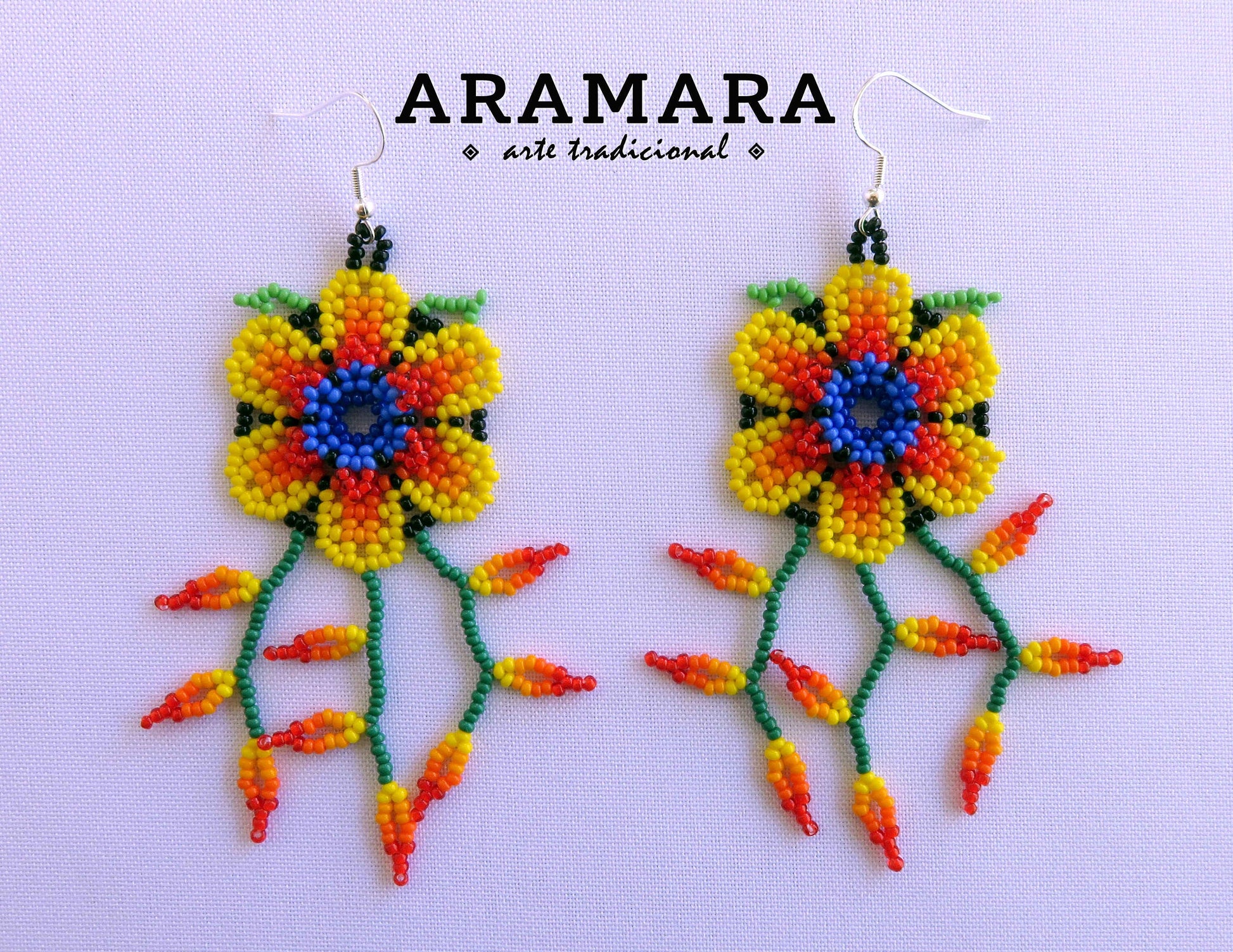 Flower Earrings, Beaded Flower, Mexican folk art, Native american earrings, Mexican Jewelry, Mexican earrings, Huichol Earrings, AF-0943