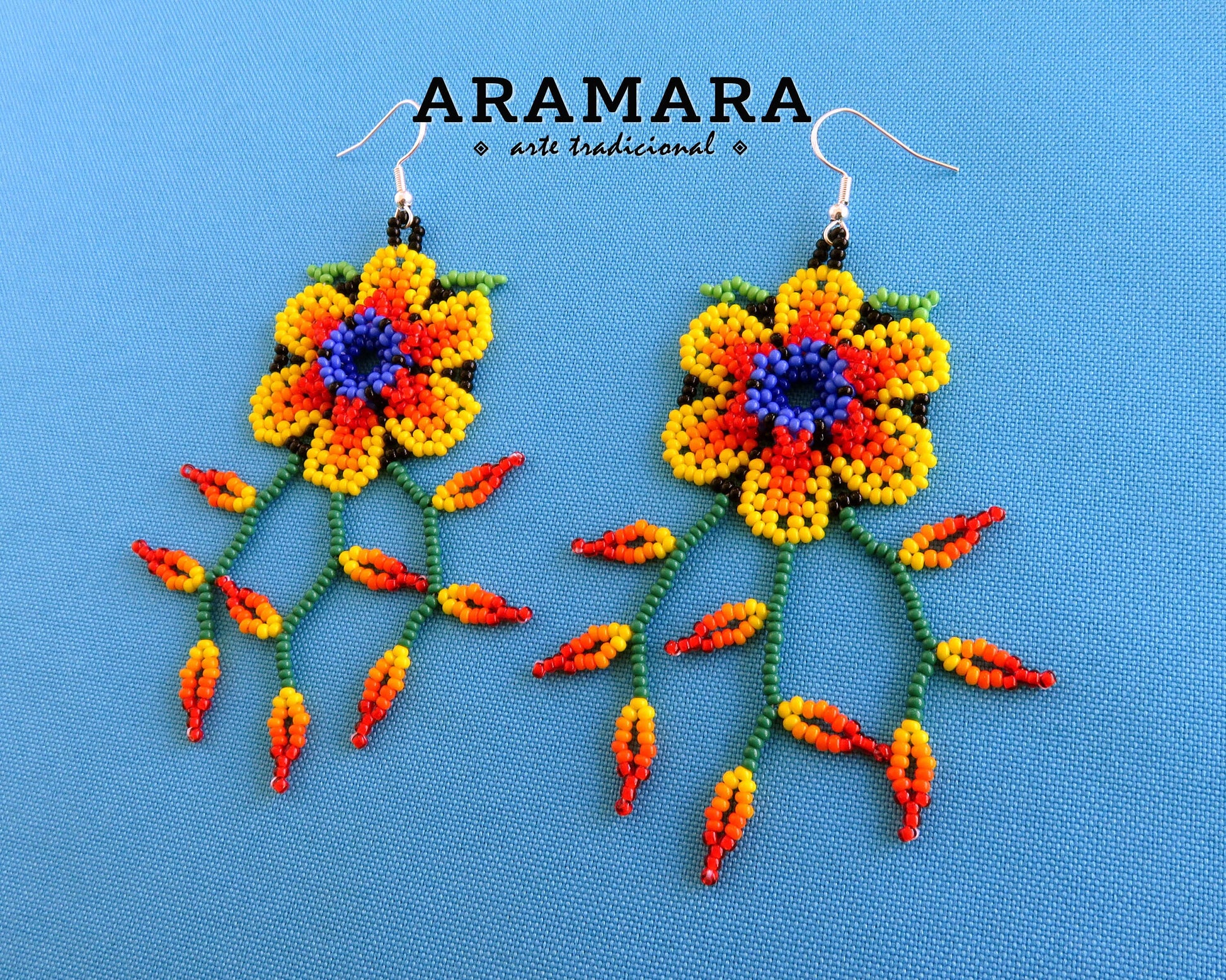 Flower Earrings, Beaded Flower, Mexican folk art, Native american earrings, Mexican Jewelry, Mexican earrings, Huichol Earrings, AF-0943