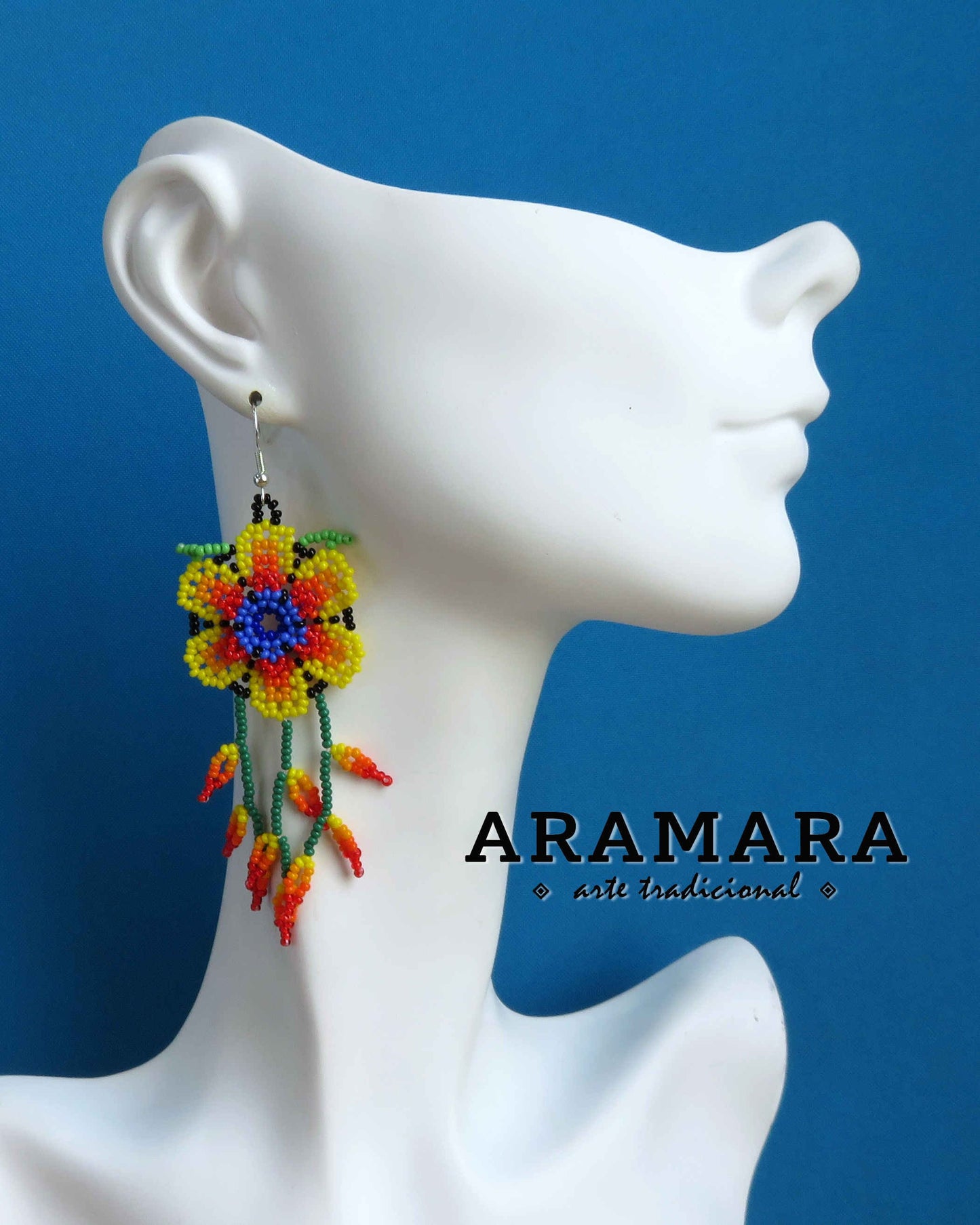 Flower Earrings, Beaded Flower, Mexican folk art, Native american earrings, Mexican Jewelry, Mexican earrings, Huichol Earrings, AF-0943