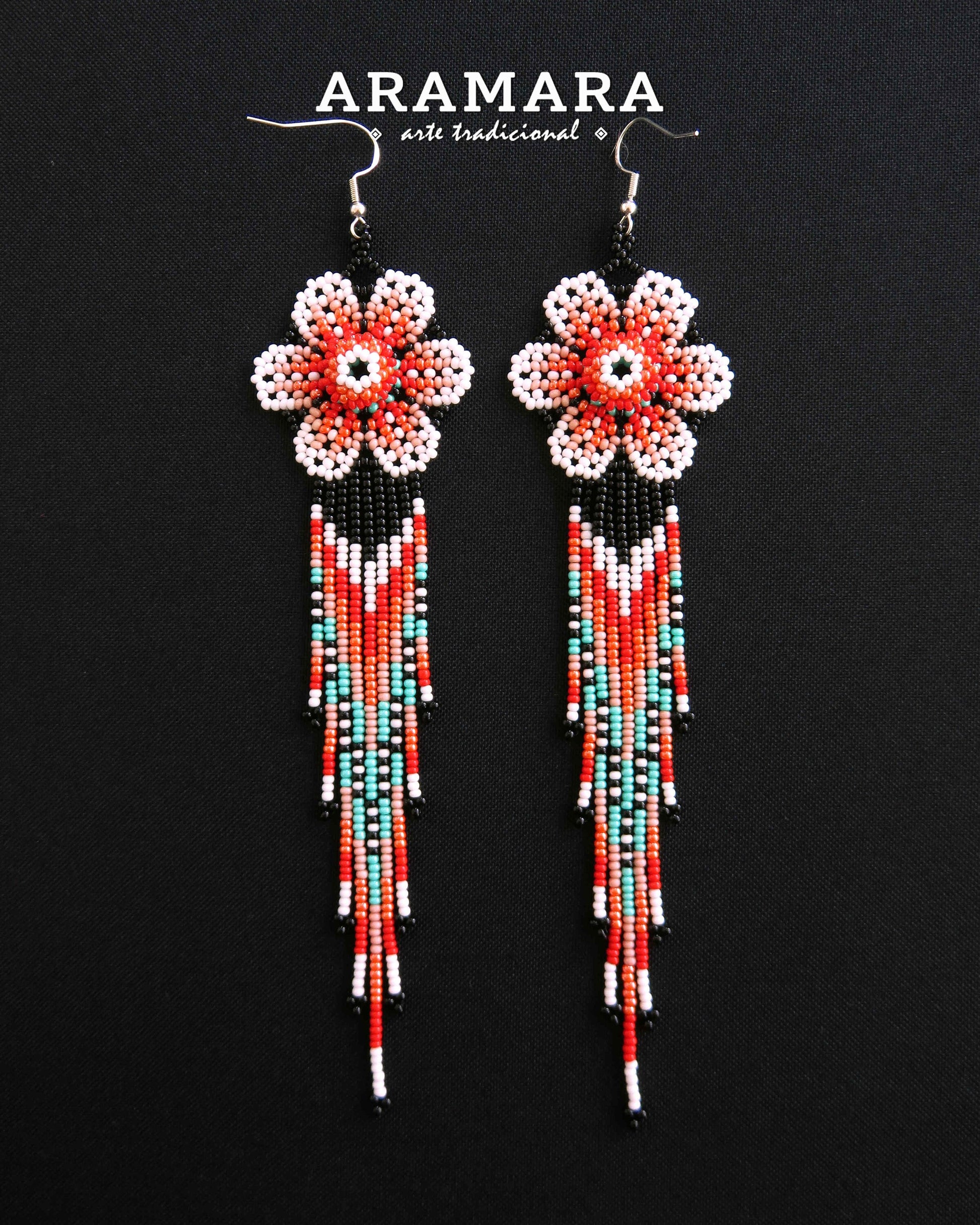 Flower Earrings, Mexican folk art, Huichol Earrings, Mexican earrings, Beaded Flower, Native american earrings, Mexican Jewelry, AF-0948