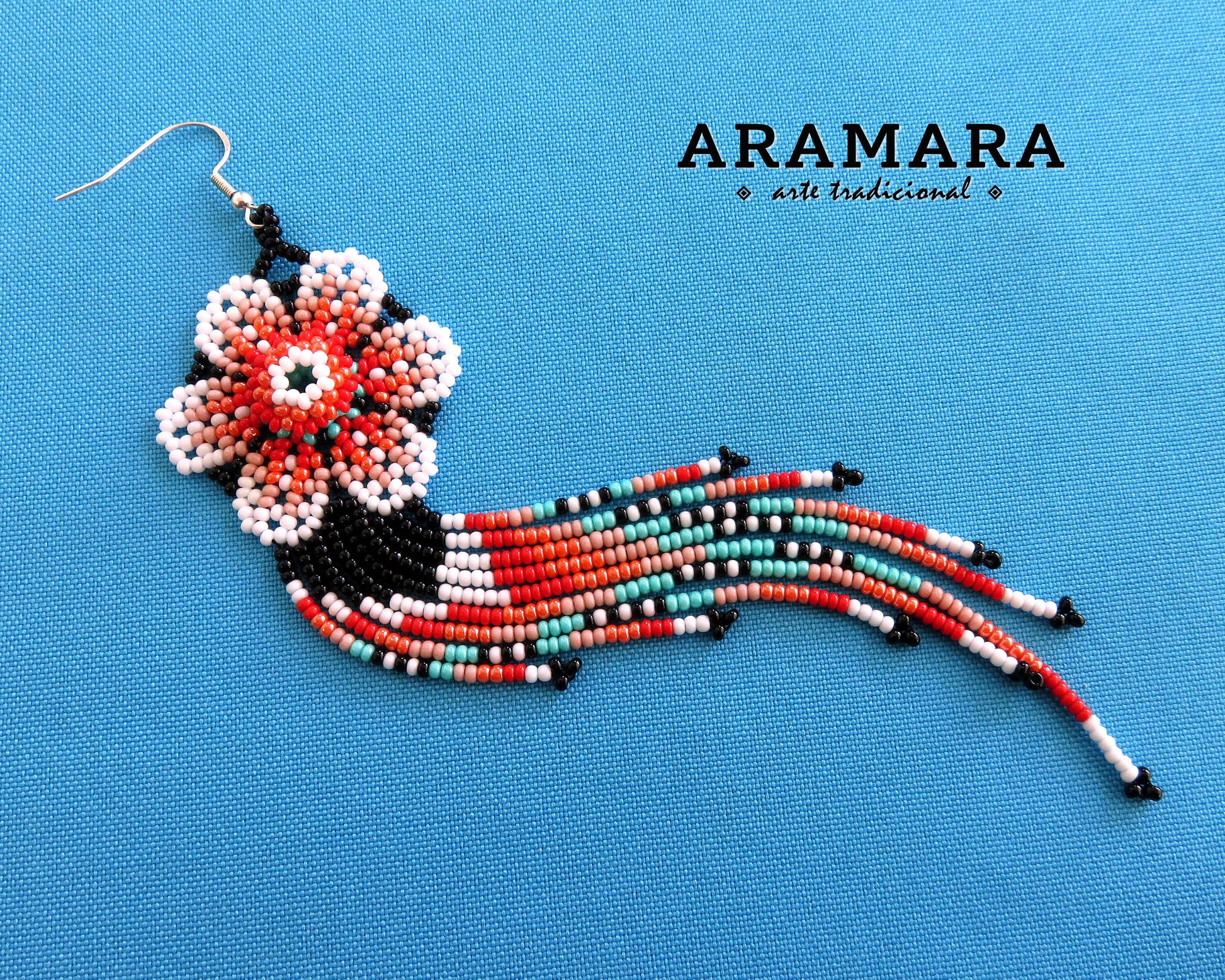 Flower Earrings, Mexican folk art, Huichol Earrings, Mexican earrings, Beaded Flower, Native american earrings, Mexican Jewelry, AF-0948