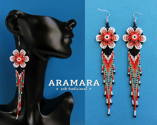 Flower Earrings, Mexican folk art, Huichol Earrings, Mexican earrings, Beaded Flower, Native american earrings, Mexican Jewelry, AF-0948