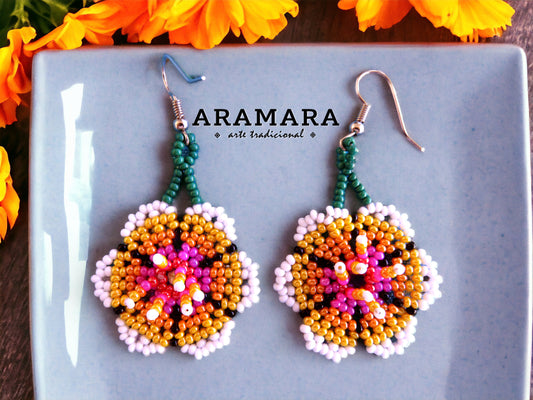 Huichol Earrings, Beaded flower earrings, Native American Earrings, Seed Bead Earrings, Mexican Earrings, Fringe Earrings, Mexican Folk Art,